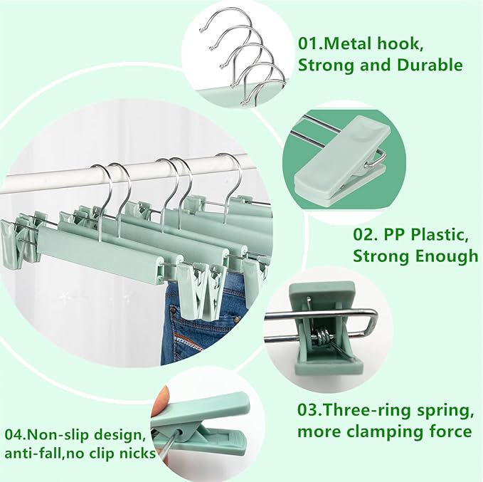 Skirt Hangers，Pants Hangers with Clips，360 ° Swivel Hooks Space Saving Hangers for Pants, Skirts, Clothes, Jeans (10Pack, Light Green)