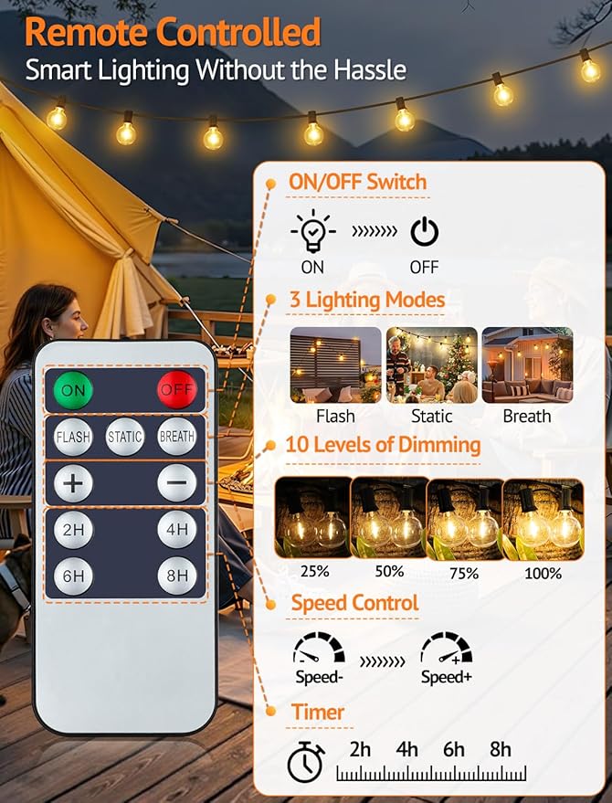 75FT(3x25FT) Solar String Lights Outdoor with Remote, Waterproof Dimmable 3 Modes Patio Lights with 30+3 LED G40 Bulbs for Balcony Yard-Black