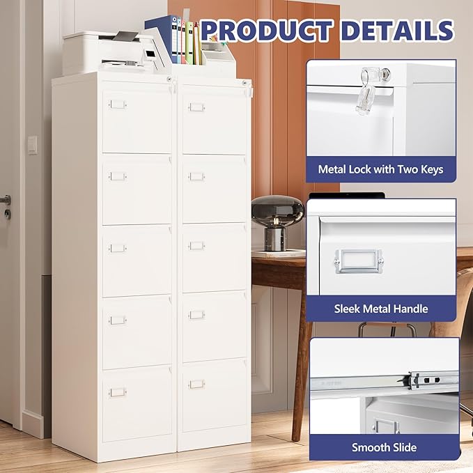 5 Drawer File Cabinet with Lock, Metal Filing Cabinets, 5-Vertical Filing Cabinet,Steel Lockable Storage Cabinets for Home Office to Organization Hanging Letter/Legal/F4/A4,White