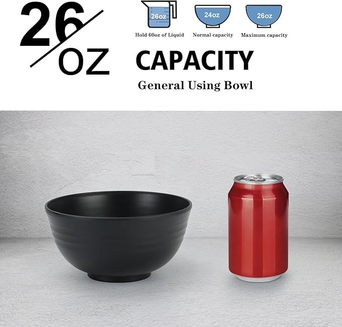 Wheat Straw Bowl Sets,8 PCS Unbreakable Cereal Bowls 26 OZ,Microwave and Dishwasher Safe Bowls,Alternative Plastic Bowl Reusable for cereal,salad,snack and soup (Pure Black)