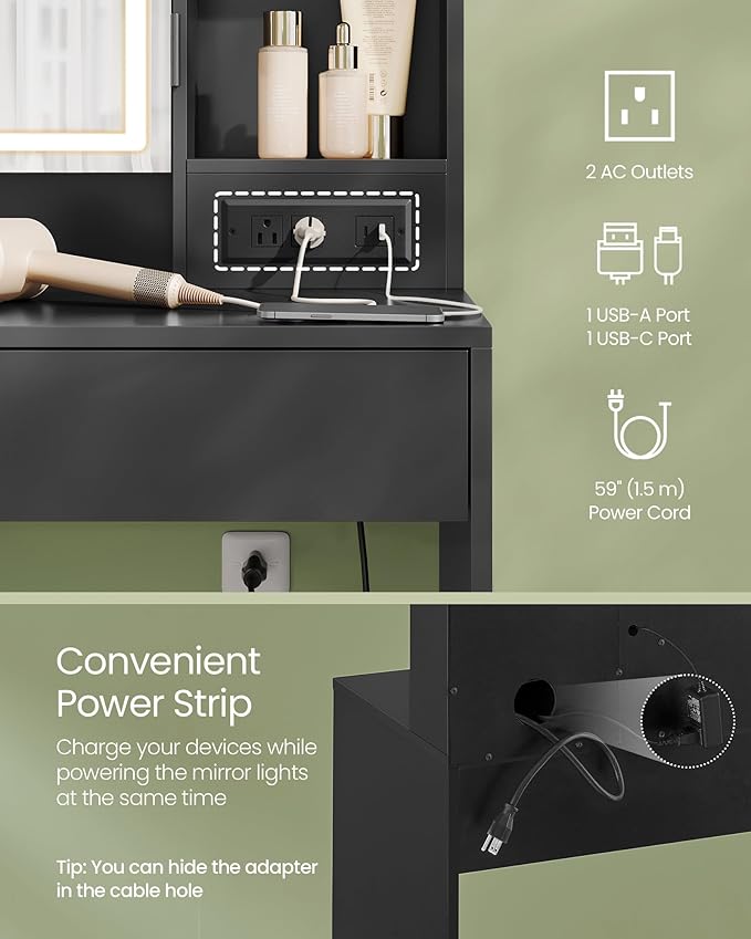 VASAGLE KAILYN Collection - Vanity Desk with Power Outlets, Makeup Vanity with Mirror and Lights, Upholstered Vanity Stool, LED Lights, 6 Compartments, 2 Drawers, for Bedroom, Ink Black URDT031B01