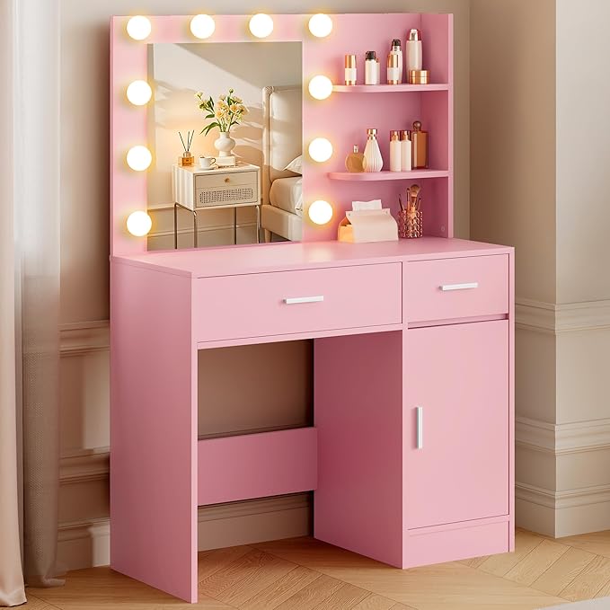 Lighted Makeup Vanity Desk, 35.4“W x 15.7'”D x 54“H, Pink (with Lights and Mirror, Dimming Fuction, 2 Drawers and 1 Cabiniet, Open Shelves)