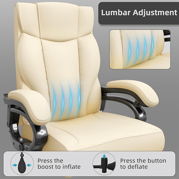 Big and Tall Executive Office Chair, Wide Seat Leather Chair with Lumbar Support and Comfy Arms, Ergonomic High Back Computer Desk Chair for Home (White)