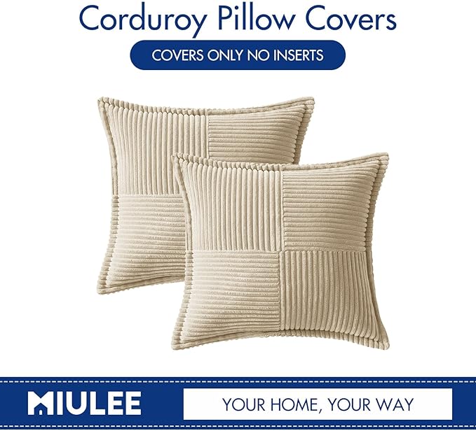MIULEE Decorative Throw Pillow Covers for Couch Bed Livingroom 20x20 Inch Set of 2 Cream Boho Accent Throw Pllows Broadside Striped Patchwork Soft Corduroy Pillowcases