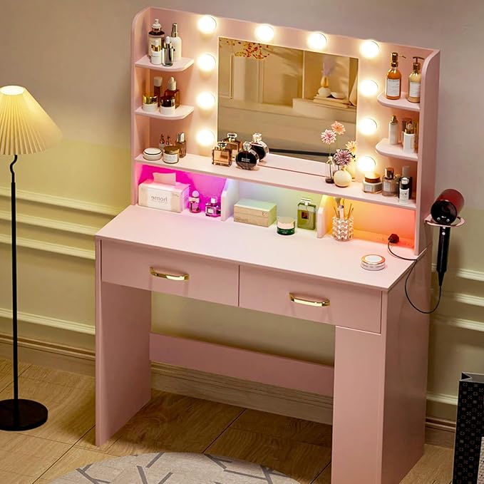 COMHOMA Vanity Desk with Lighted Mirror and Power Outlet, RGB LED Lights Makeup Vanity Set for Girls, Large Storage Capacity Dressing Table for Bedroom, 3 Lighting Modes Adjustable Brightness, Pink