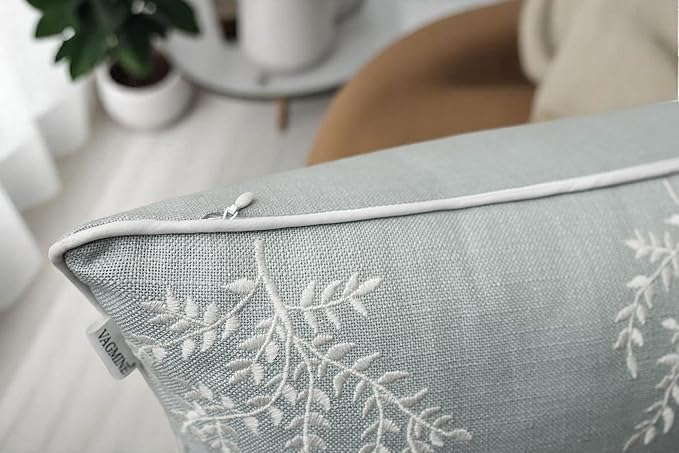 VAGMINE Embroidered Leaves Throw Pillow Cover - 20x20 Inches Square - 100% Cotton Robins Egg Cushion Cover - Textured Embroidery - Chic Coastal Home Accent for Sofa, Lounge, Farmhouse Decor