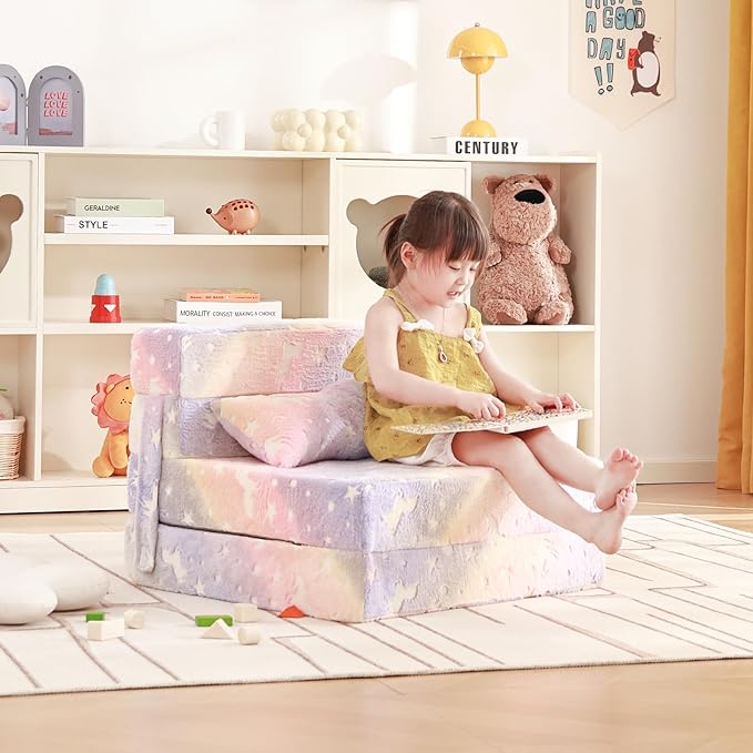 Folding Sofa Bed Floor Mattress for Kids with Pillow, Toddler Washable Folding Floor Nap Mat Futon, Child Fold Up Sofa Chair Bed with Storage Bag for Girls and Boys