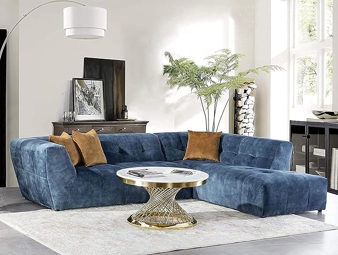Acanva Mid-Century Velvet Sectional Sofa Couch for Living Room, L-Shape 2-Piece 113”W Right Hand Facing Chaise, Blue