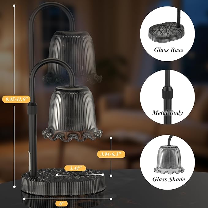 Candle Warmer Lamp with Adjustable Height - Flameless 4-Level Dimmable Wax Warmer, Timer Function & Stylish Design in Multiple Colors（Black）