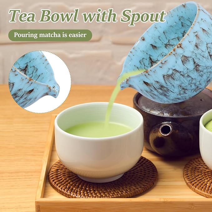 2Pcs Ceramic Matcha Bowl and Whisk Holder Set Easy to Use Tea Bowl and Whisk Stand Easy to Clean Matcha Tea Mixing Tool for Lover.(Kiln turns blove,2PCS)