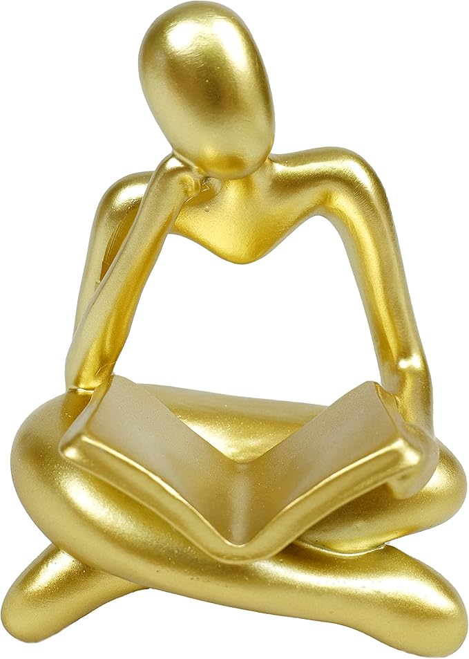 Gold Decor Thinker Statue Reading Women Figurine Abstract Art Sculpture Home Decor Modern Gold Decor Accents Golden Thinker Figurines for Living Room Shelves Bookshelf Office Shelf Desktop
