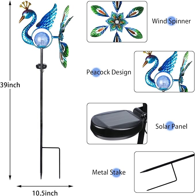 Peacock Solar Light Wind Spinner Outdoor Garden Decoration, Waterproof Garden Stake LED with Cracked Glass Ball, Gift for Mom, Father's Day Gift, Lawn Ornaments for Pathway, Patio, Yard Decor Outdoor