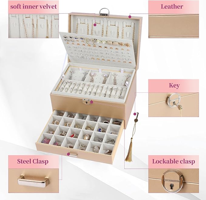 BOOVO Earring Jewelry Box For Women Girl Stud Organizer, 5 Layers Girl Jewelry Organizer Box With Lock Earring Holder Organizer Necklace Ring Jewelry Organizer Box For Girls (Champagne)
