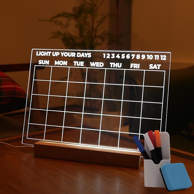 Dry Erase Calendar with Light, 13x9, USB-Powered Light Up Whiteboard, Includes 4 Markers & Eraser, Monthly Planner, Productivity Tracker, Home & Office Calendar