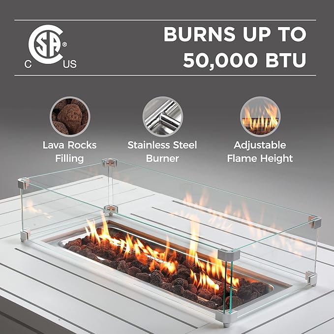 Wisteria Lane Aluminum Patio Furniture Set, 7 Seats Metal Outdoor Furniture Set with CSA Certified 54in Propane Gas Fire Pit Table, Patio Conversation Set with 5in Olefin Cover Cushions (White)