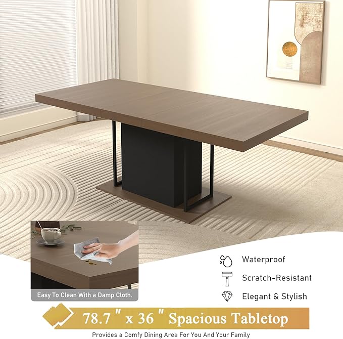 Goujxcy 78.7" Farmhouse Extendable Dining Room Table Set for 4, 5-Piece Rectangle Kitchen Dining Room Table Set with Wood Base and 4 Yellow Velvet Dining Chairs, Extending Kitchen & Dining Table Set