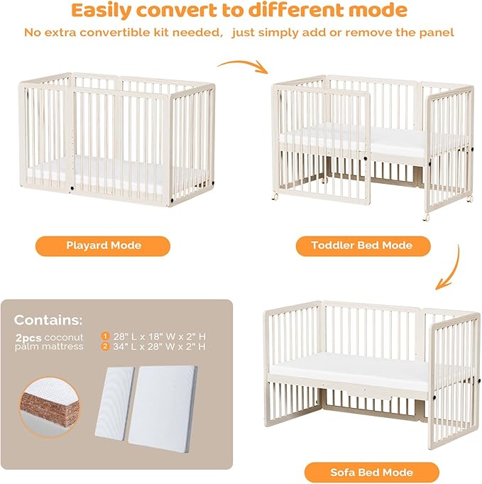 JOYMOR 8 in 1 Convertible Crib with Changer, Include 2” Mattress, Converts to Bassinet, Mid Crib, Full Size Crib, Daybed,Toddler Bed and Playard (Crib, Washed Natural)