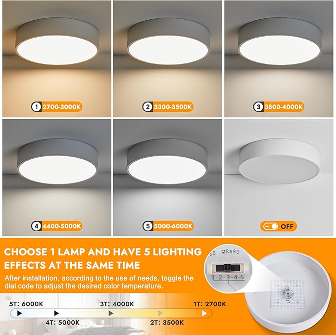 Dimmable LED Flush Mount Close to Ceiling Light Fixture,Living Room Lighting Fixtures,Modern Large Interior Round White Ceiling Lamps for Kitchen Master Bedroom,5CCT 2700K-6000K,15.74 Inch