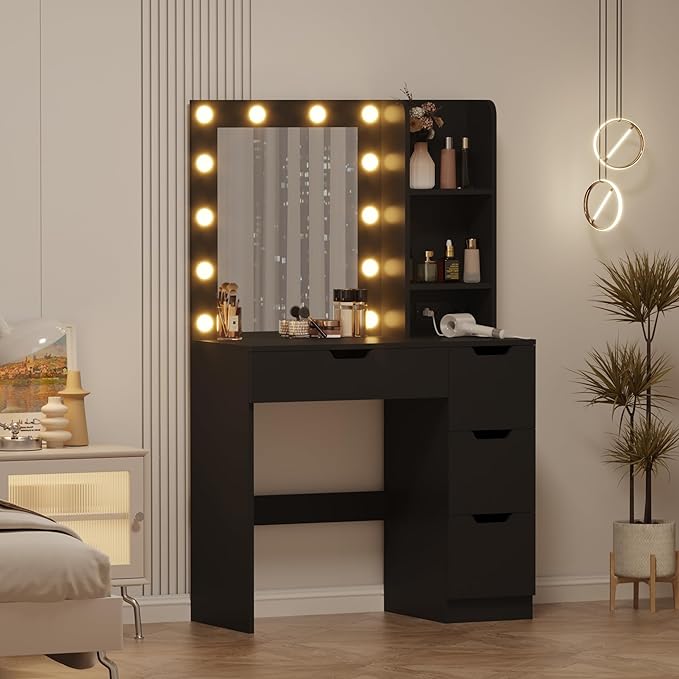Garvee Vanity Desk with Mirror and Lights - Makeup Vanity Desk with 4 Drawers, Built-in Power Outlet & USB, Adjustable LED Lighting, Makeup Table for Bedroom