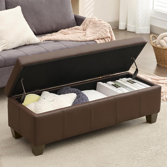 51 Inch Brown Faux Leather Ottoman with Storage, Rectangular Extra Long Bench, End of Bed Bench with Large Storage for Bedroom, Living Room