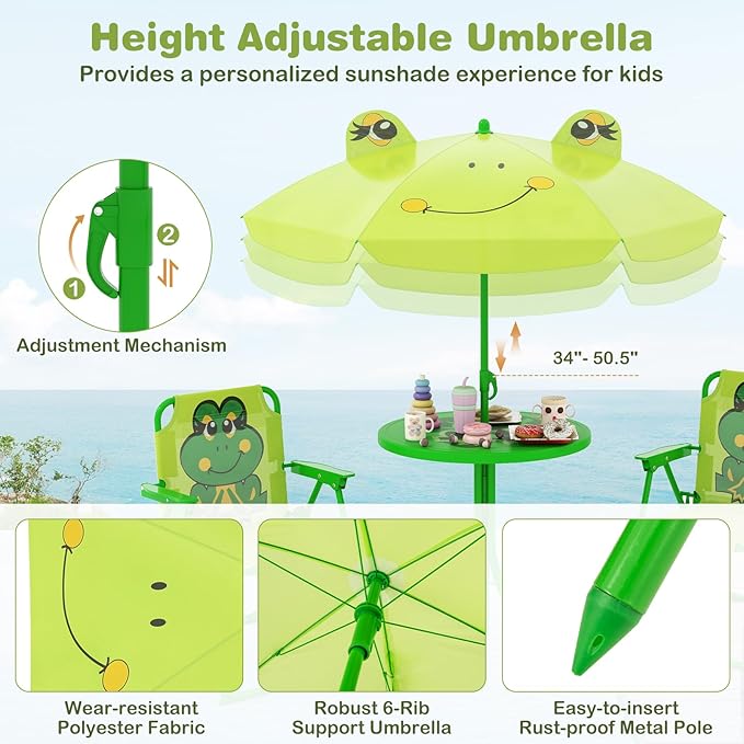 Costzon Kids Picnic Table, Kids Outdoor Table with 2 Folding Chairs, Height Adjustable Umbrella, Portable Children Outdoor Furniture for Patio, Garden, Backyard (Light Green)