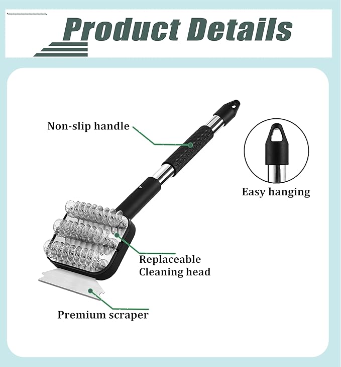 Hairless Grill Brush Set, with Scraper Heat-Resistant Cloth Brush Head and Stainless Steel Spring Brush Head Removable and Replaceable,Suitable for Cast Iron and Stainless Steel Grates