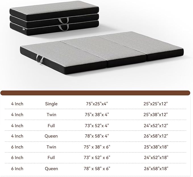 Memory Foam Trifold Mattress - Queen Portable Floor Bed 4 Inch, Foldable Mat with Washable Cover, Handle & Non-Slip Bottom, for RV, Travel, Camping, Yoga, 78"x58"x4"