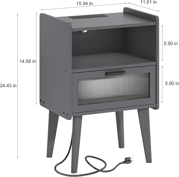 Nightstand with Charging Station, Bedside Tables Grey End Table Side Table with 2 Tiers Storage Space, for Bedroom Living Room CAMLBZ07ZE