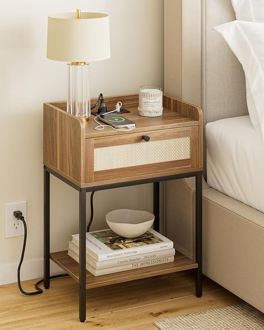 Nightstand with Charging Station,3-Tier Bedside Table for Small Space,Modern Night Stand with Storage Drawer and Shelf,Small Side Table for Bedroom,Living Room,Walnut Brown