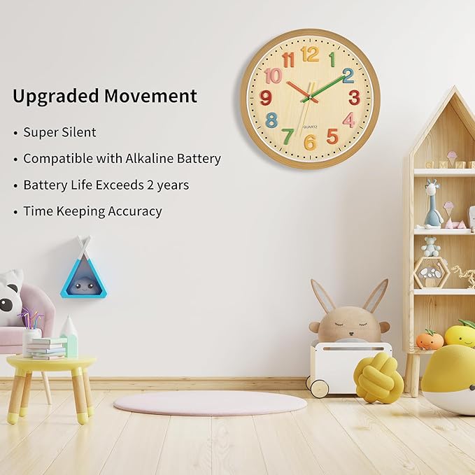 Foxtop Silent Kids Wall Clock Non-Ticking Battery Operated Colorful Childrens Clock for Classroom Playroom Nursery Bedrooms Kids Room (3D Numbers, 12 inch)