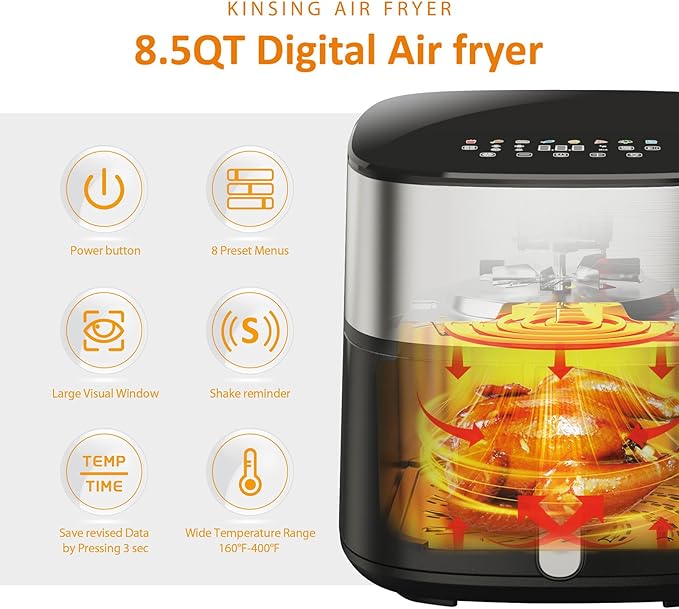 Air Fryer 8 in 1, XL 8.5 QT Large Airfryer with View Windows,MAX 450℉ for Crispy, 85% Less Oil, Fast Roast, Preheat, Shake, Bake, Non-Stick Basket for Easy Clean, With Professional Recipes