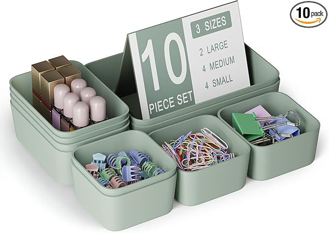 Plastic Drawer Organizers, 10 PCS Drawer Organizer Bins, Bathroom and Vanity Organizer Plastic Tray, Makeup organizer and storage for Makeup, Bedroom, Kitchen Gadgets Utensils and Office (Green)