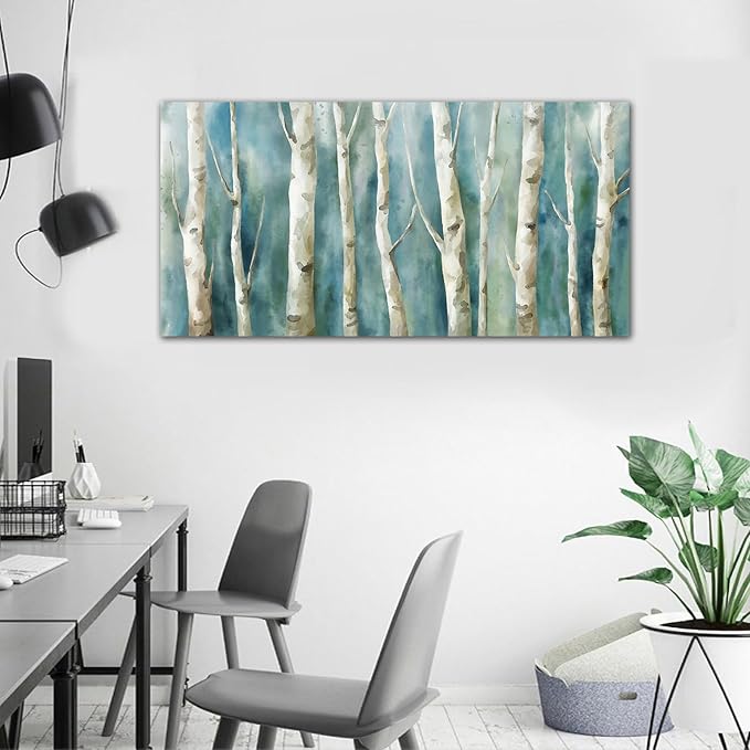 Birch Trees Canvas Wall Art - Abstract Birch Pictures for Wall Decor Modern Turquoise Canvas Painting Nature Printing Artwork for Living Room Bedroom Home Office Wall Decoration 29" x 58"