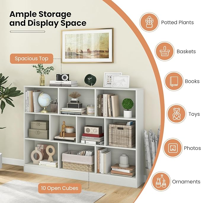 Costzon 10 Cube Bookshelf for Kids, Wooden Toy Storage Organizer w/ 2 Anti-Toppling Kits, 3 Tier Open Shelves & Non-Slip Foot Pads, Book Shelf for Kids Rooms, Playroom, Classroom, Nursery (White)