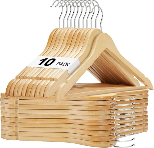 HOUSE DAY Wooden Hangers 10 Pack, Solid Wood Hanger with Non Slip Pant Bar, Heavy Duty Wooden Coat Hanger for Closet, Smooth Finish Wood Clothes Hangers for Shirts, Suits, Jackets, Dress, Natural