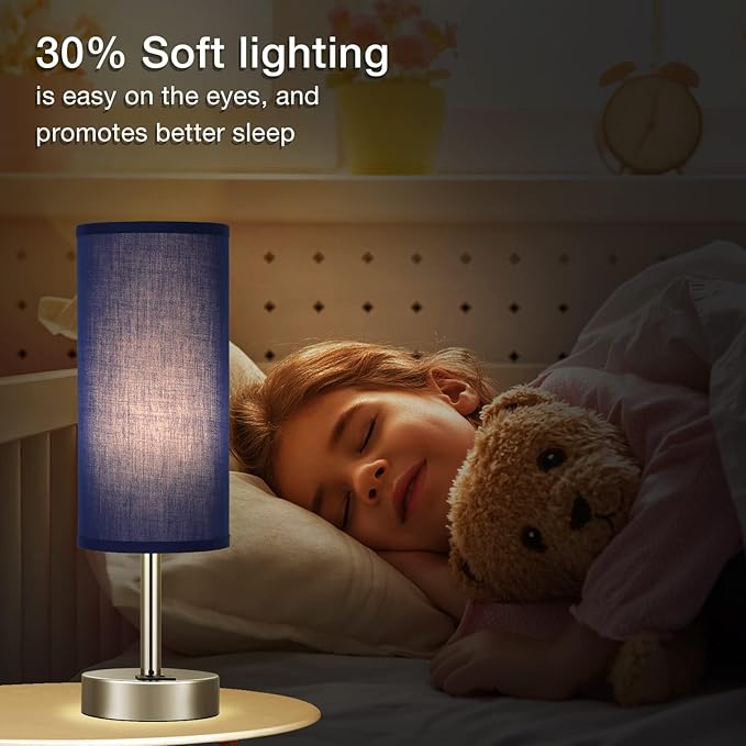 Navy Blue Touch Lamp for Boys - Small Nightstand Lamp with USB-C and USB Charging Ports, 3 Way Dimmable Bedside Table Lamp with Fabric Shade Silver Base for Nursery, Dorm, Office, Reading