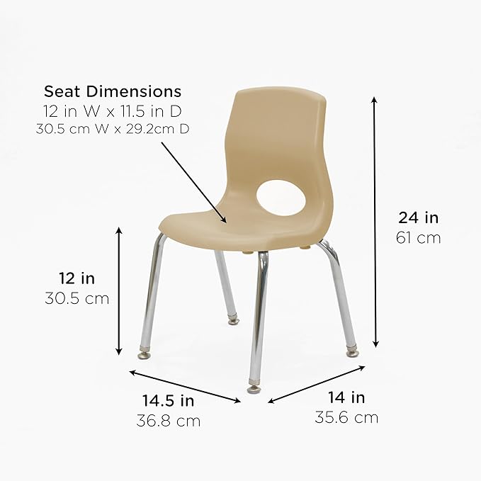 Children’s Factory MyPosture Plus 12" Chair, Tan with Chrome Legs, 2 Pack, Stackable Ergonomic Seating Solution for Classrooms and Homeschools