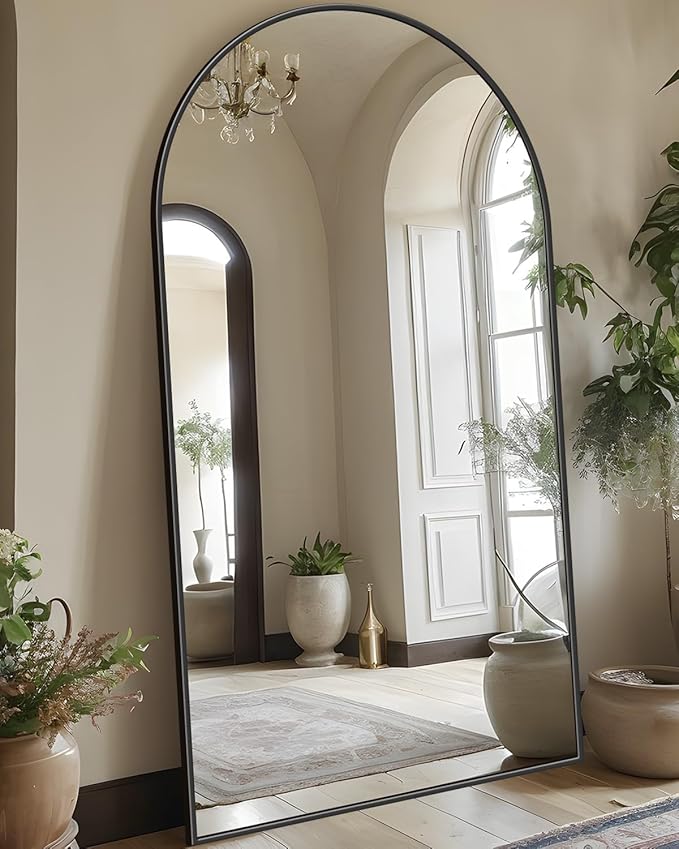 Full Length Mirror, 76"x44" Oversized Floor Mirror Freestanding, Full Body Mirror Floor Standing Mirrors with Stand, Hanging Mounted Mirrors for Bedroom Living Room, Black, Arched Style