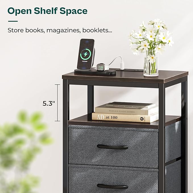 Huuger Nightstands Set of 2, 27.6 Inch End Tables with Charging Station, Fabric Drawers, Bedside Tables with USB Port and Outlet, Night Stands for Bedroom, Walnut