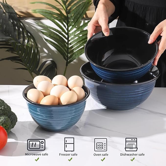 Ceramic Mixing Bowls,Large Serving Bowls 2.1/1.5/1.0 Qt,Salad Bowls Set of 3 for Kitchen Space Saving Storage,Nesting Bowls for Popcorn,Soup,Fruit, Microwave & Dishwasher Safe,Navy Blue