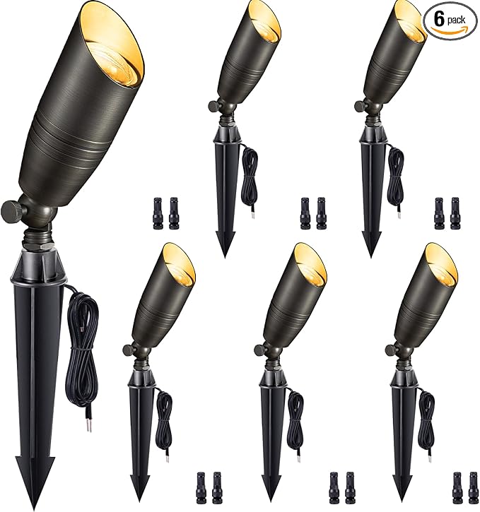 Low Voltage Spot Lights - Solid Brass Landscape Spotlight Wired, 12V Outdoor LED Uplights Waterproof, Electric Bronze Adjustable Focus for Patio Wall Without MR16 Bulb (6 Pack)