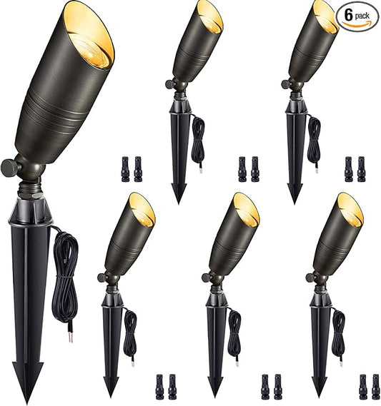 Low Voltage Spot Lights - Solid Brass Landscape Spotlight Wired, 12V Outdoor LED Uplights Waterproof, Electric Bronze Adjustable Focus for Patio Wall Without MR16 Bulb (6 Pack)