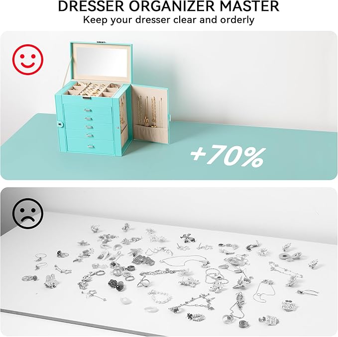 Frebeauty Large Jewelry Box,6-Tier PU Leather Jewelry Organizer,Multi-functional Storage Case with Mirror,Accessories Holder with 5 Drawers for Necklace Bracelets Watches(Turquoise)