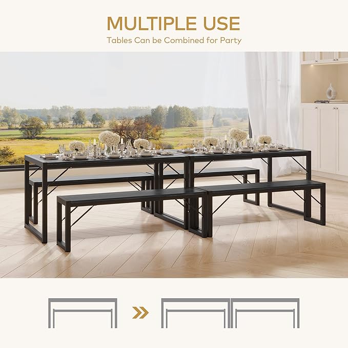Gizoon 45.5" Dining Table Set for 4 with 2 Benches, Kitchen Table Set with Metal Frame & MDF Board, Space-Saving Dinette for Kitchen, Dining Room -Black