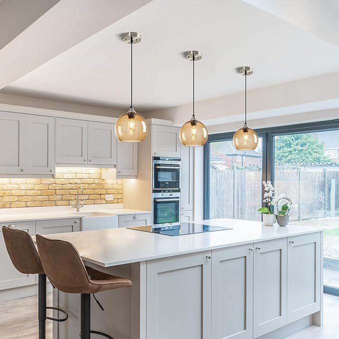 Light Brown Glass Pendant Lights Kitchen Island Lighting Globe Pendant Light Fixtures Modern Pendant Lighting for Bedroom Living Dining Room Light Fixture (7.87 in, 1 Pack)