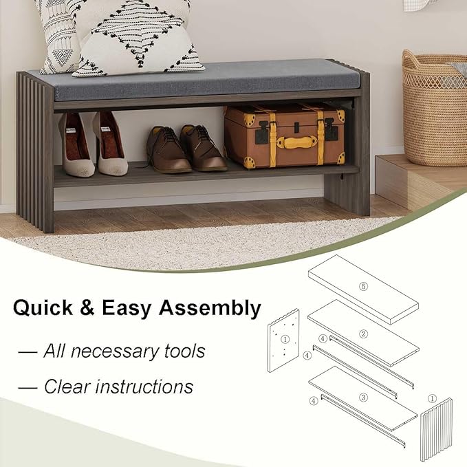BON AUGURE Shoe Storage Bench, Entryway Bench with Cushion, Ottoman Benches for Bedroom, Living Room, Shoe Rack Seat for Hallway Entry (Greige Oak, 40 Inch Wide)