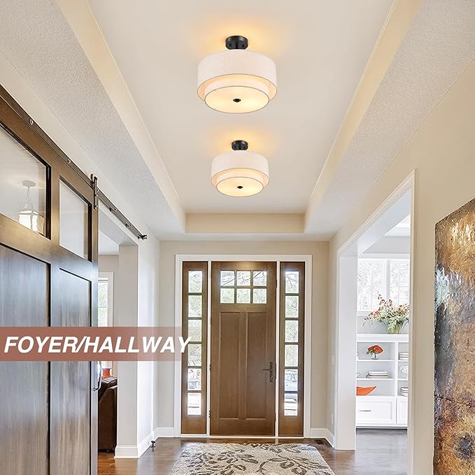 16" Semi Flush Mount Ceiling Light, Black 3 Light Double Drum Fabric Lampshade Lighting Fixture for Living Room, Bedroom, Dining Room, Kitchen, Hallway (Swivel Canopy for Sloped/Flat Ceiling)