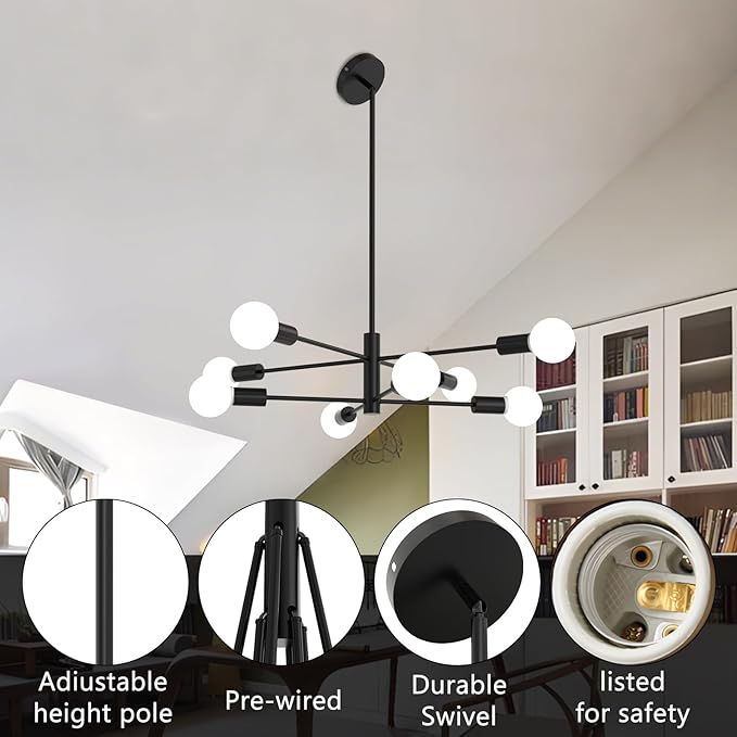 Modern Chandelier Ceiling Light Fixture, 53InchH Sputnik Chandeliers for Dining Room Hanging Light Fixtures Over Table Height Adjustable for Bedroom Kitchen Island Foyer 8-Light Black