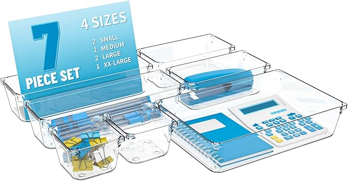 7 Pack Clear Plastic Drawer Organizer Set,4 Sizes Bathroom Drawer Organizers and Storage Bins,Vanity Drawer Organizer for Makeup,Cosmetics,Jewelry,Utensils,Gadgets,Office In Drawer Organizers Trays