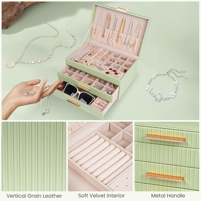 Dajasan Jewelry Organizer Box, Jewellery Boxes for Women, 3-Tier Jewelry Storage Organizer for Earring, Ring, Necklace, Bracelets (Avocado Green)